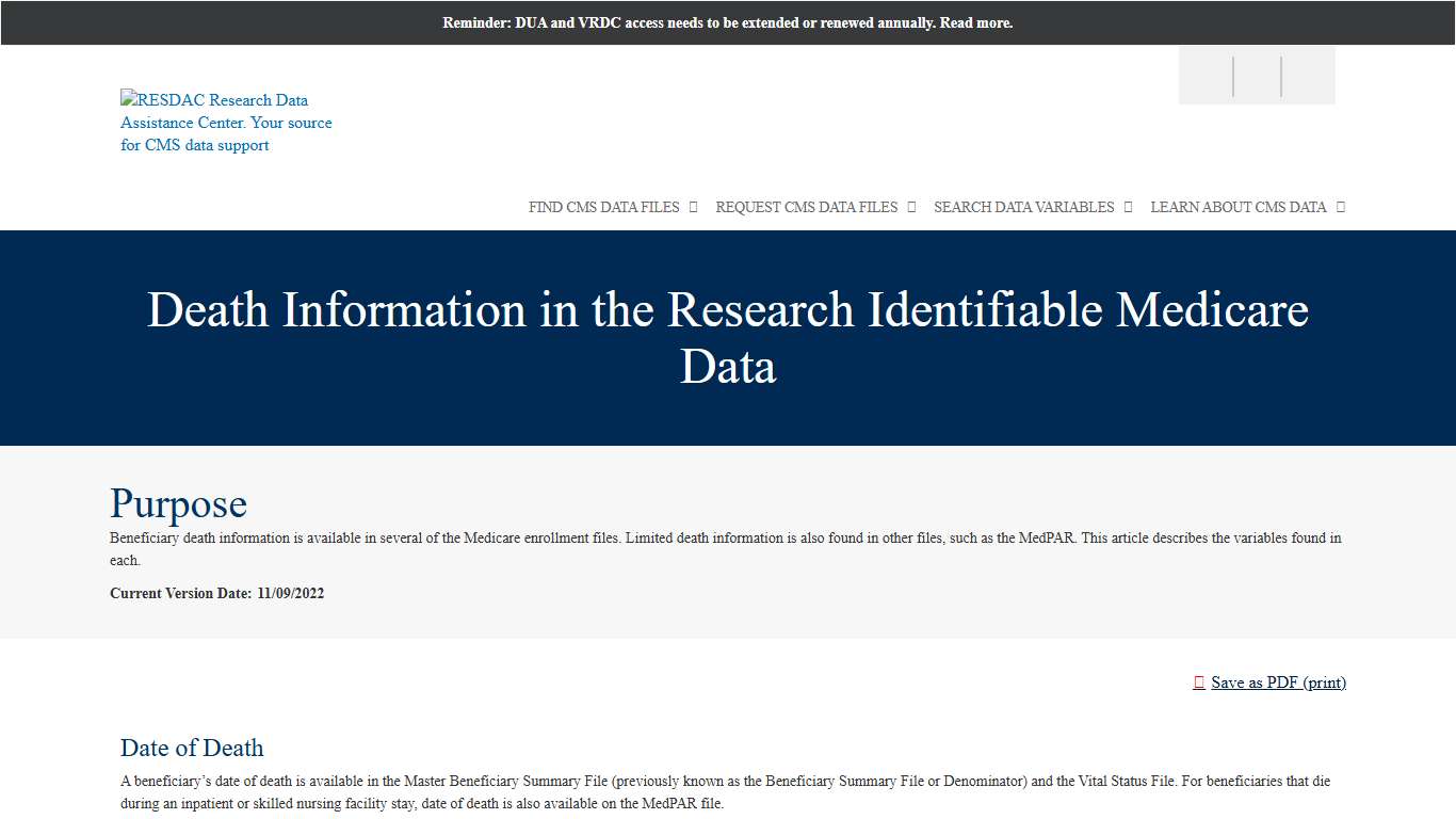 Death Information in the Research Identifiable Medicare Data | ResDAC