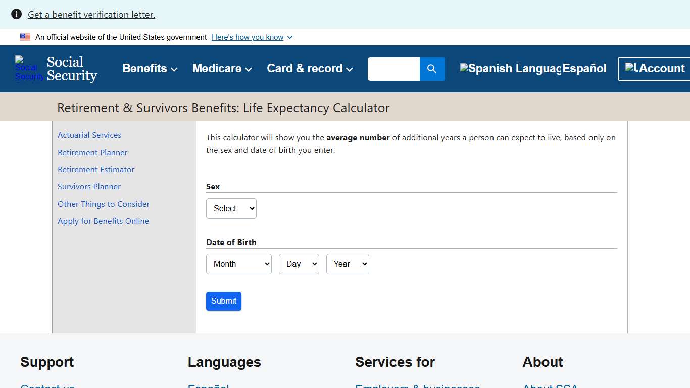 Retirement & Survivors Benefits: Life Expectancy Calculator